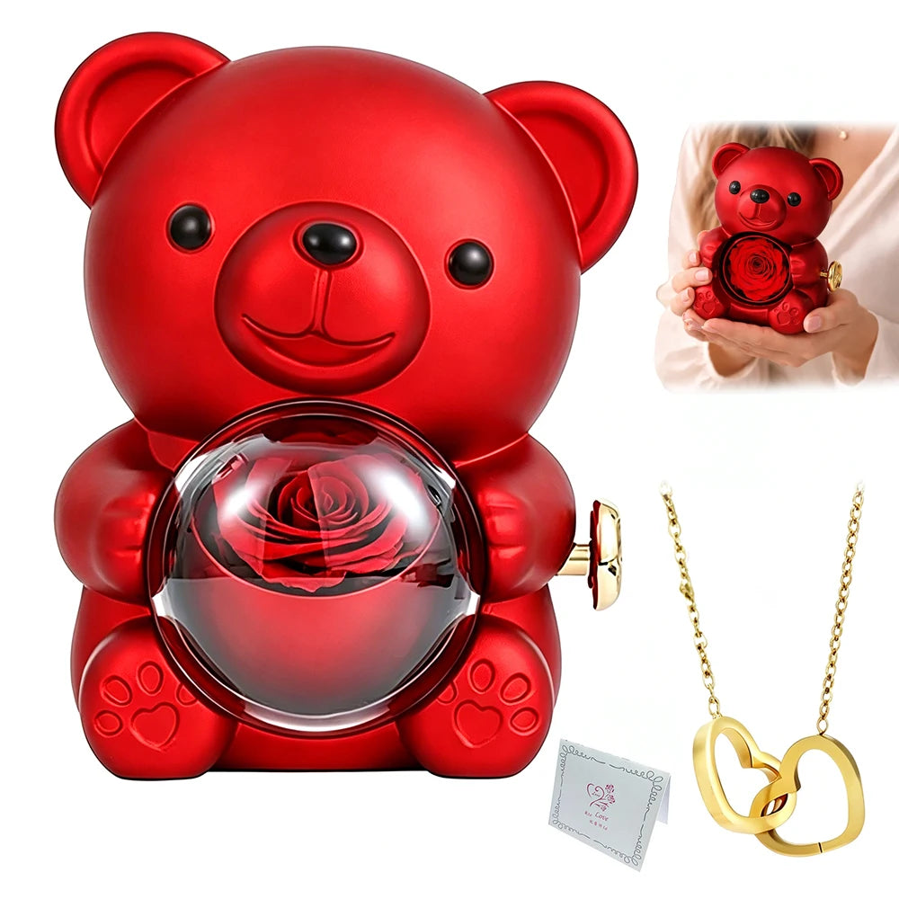 Boîte à bijoux Ours & Rose éternelle – Collier cœur